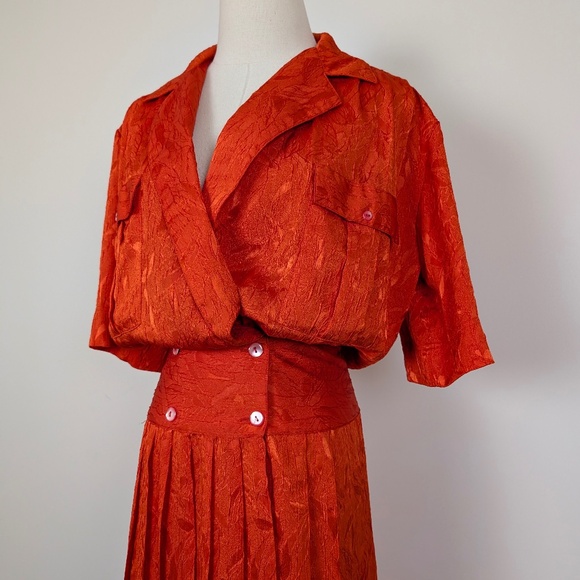 80s Orange Midi Dress Drop Waist Peplum Doubled Breasted Collar V-Neck - Picture 9 of 11
